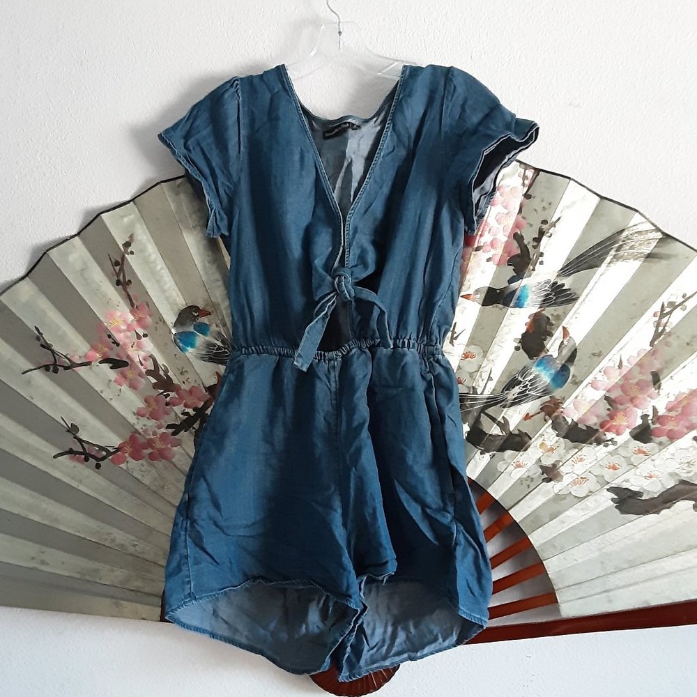 Denim tie front romper